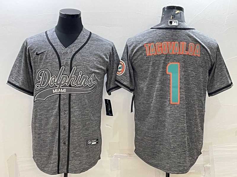 Men%27s Miami Dolphins #1 Tua Tagovailoa Grey Gridiron With Patch Cool Base Stitched Baseball Jersey